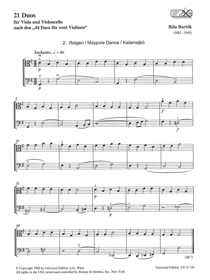 Bartok, 21 Duos (Va,Vc) (Universal)