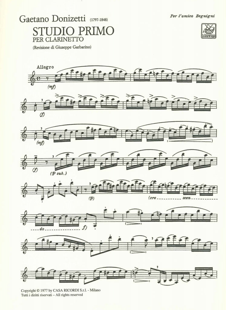 Donizetti, Studio primo per clarinetto (Ricordi)