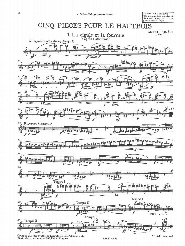 Dorati, 5 Pieces pour le hautbois (Solo) (Boosey)