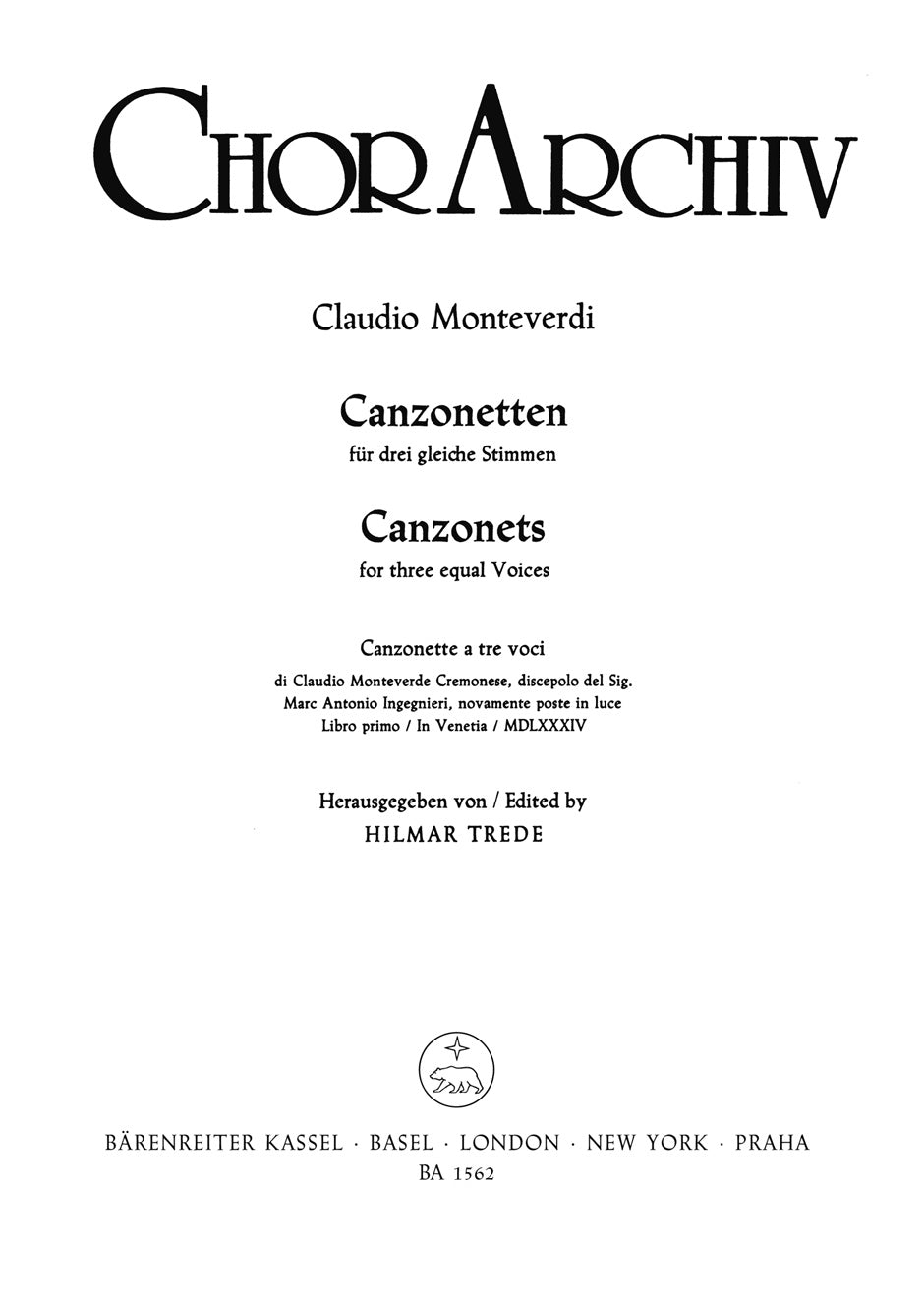 Monteverdi, Canzonetten (SSA) (Barenreiter)