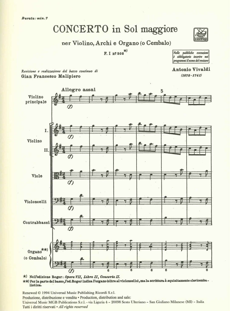 Vivaldi, Concerto op. 7/ii/2 in G RV 299 (Ricordi)