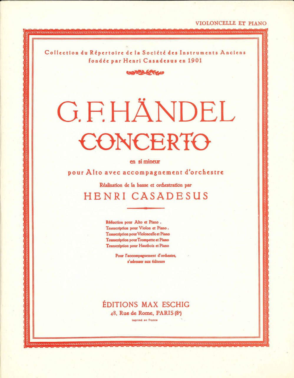 Handel, Concerto en si min. (Vc,Pf) (Eschig)
