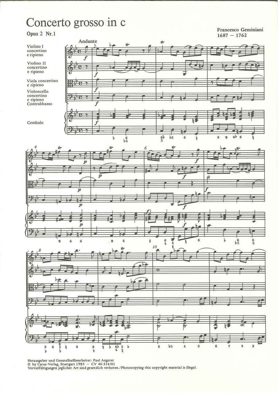 Geminiani, Concerto op. 2/1 in c Score (Carus)