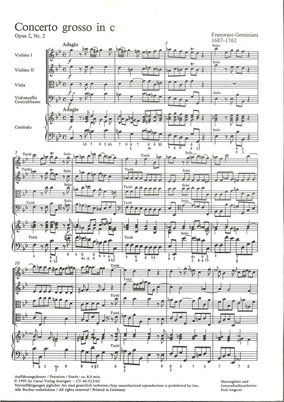 Geminiani, Concerto op. 2/2 (Score) (Carus)