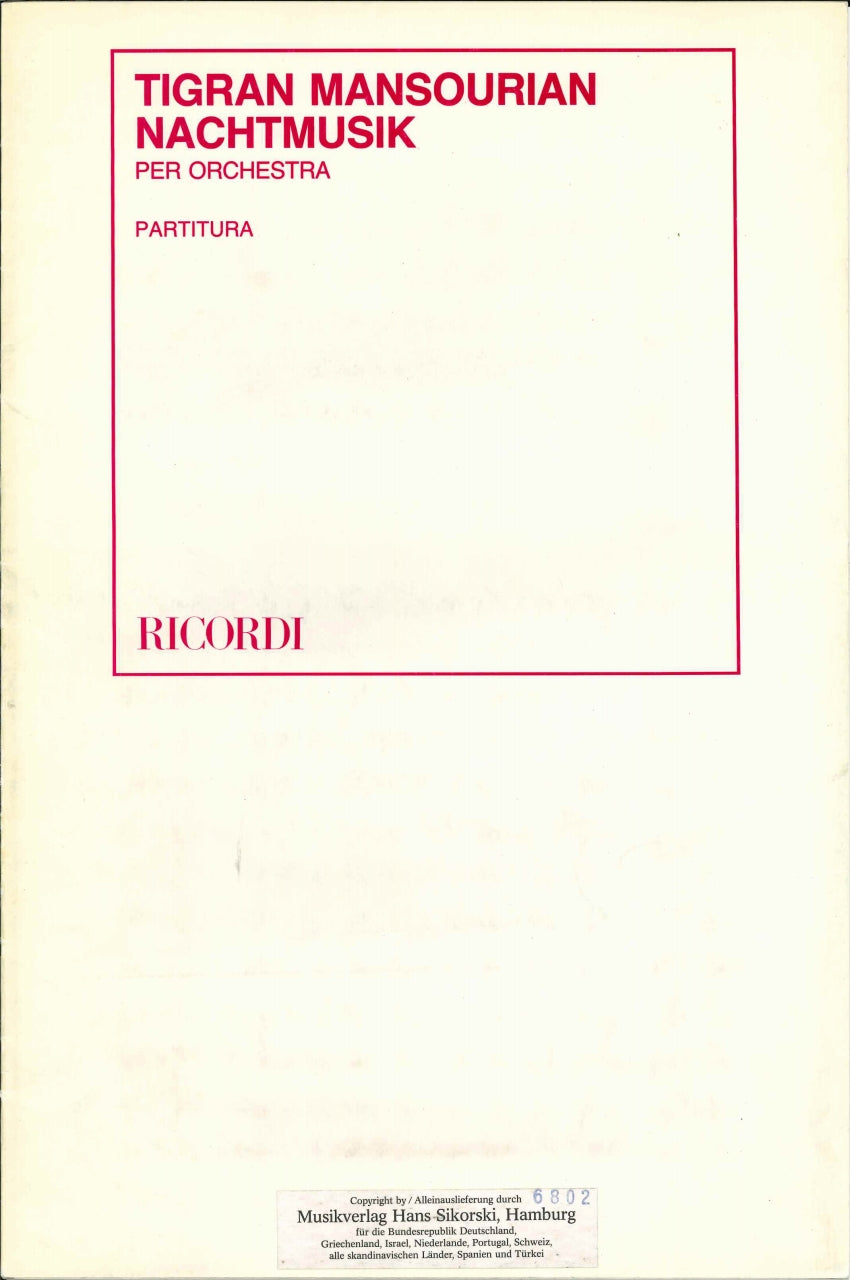 Mansuryan, Nachtmusik (Orch) Large Score (Ricordi)