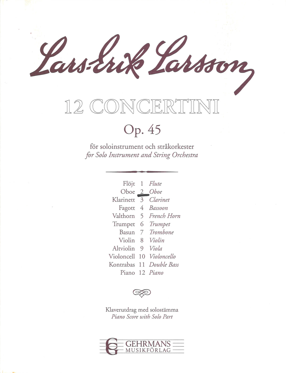 Larsson, Concertino for Oboe op. 45/2 (Gehrmans Musikforlag)