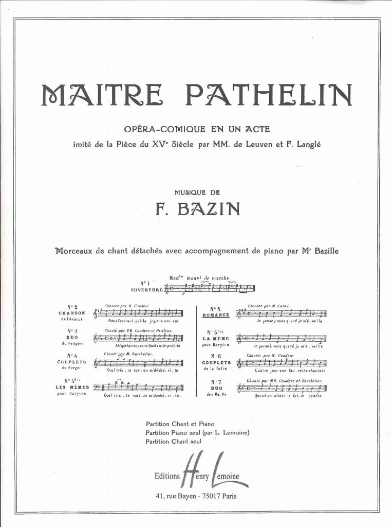 Bazin, Maitre Pathelin, Romance [F] (Lemoine)