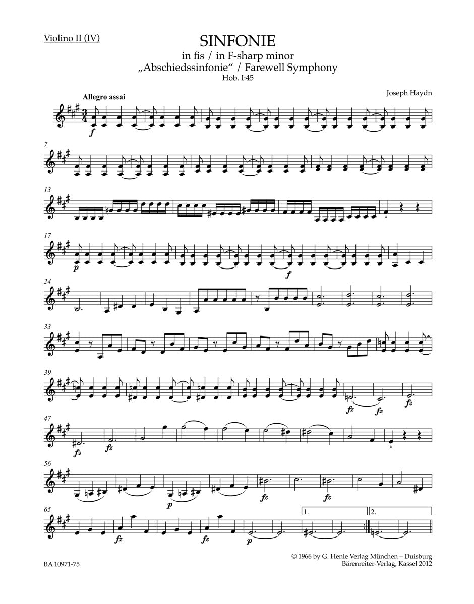 Haydn, Symphony No. 45: Violin II/IV (Barenreiter)
