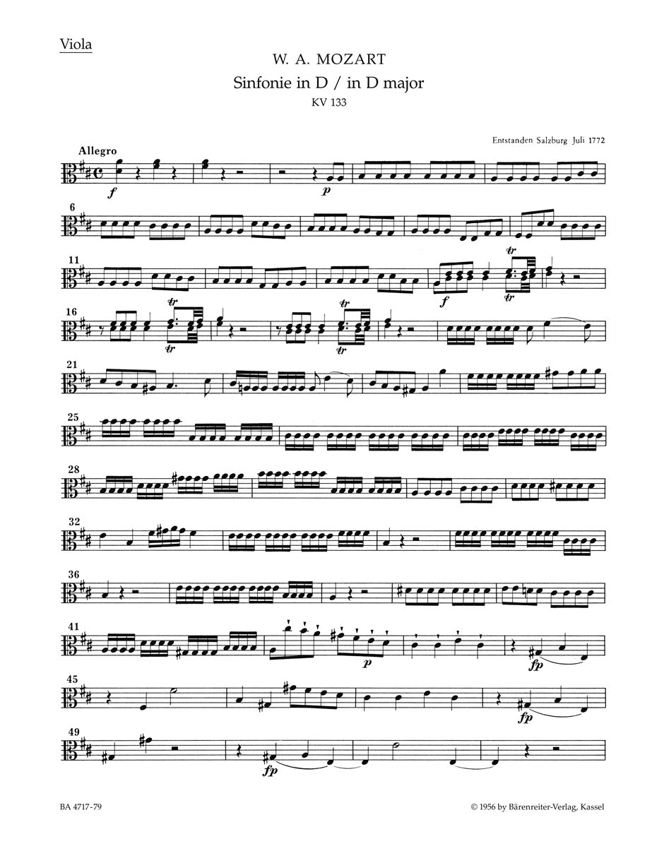 Mozart, Symphony No. 20 KV 133 Viola (Barenreiter)