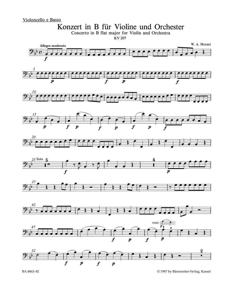 Mozart, Concerto KV 207 in Bb Vc/CB (Barenreiter)