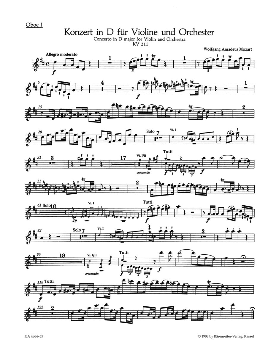 Mozart, Concerto KV 211 in D Wind Set (Barenreiter)