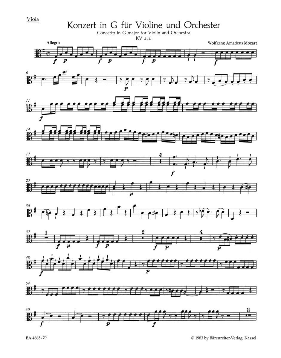 Mozart, Concerto KV 216 in G Viola (Barenreiter)