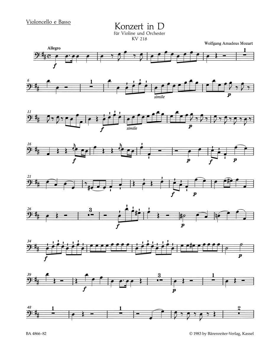 Mozart, Concerto KV 218 in D Vc/CB (Barenreiter)