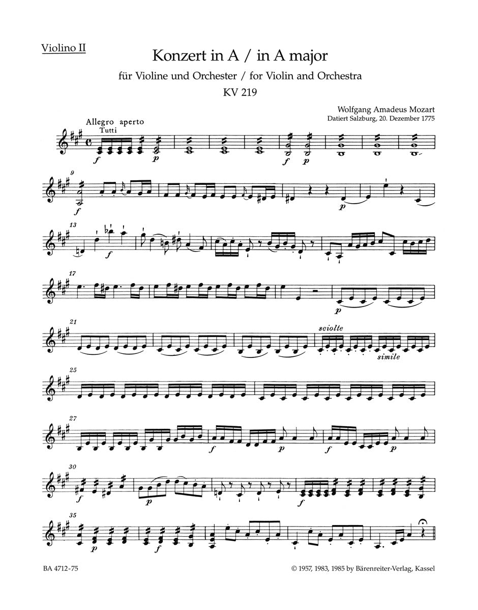 Mozart, Concerto KV 219 in A Vn II (Barenreiter)