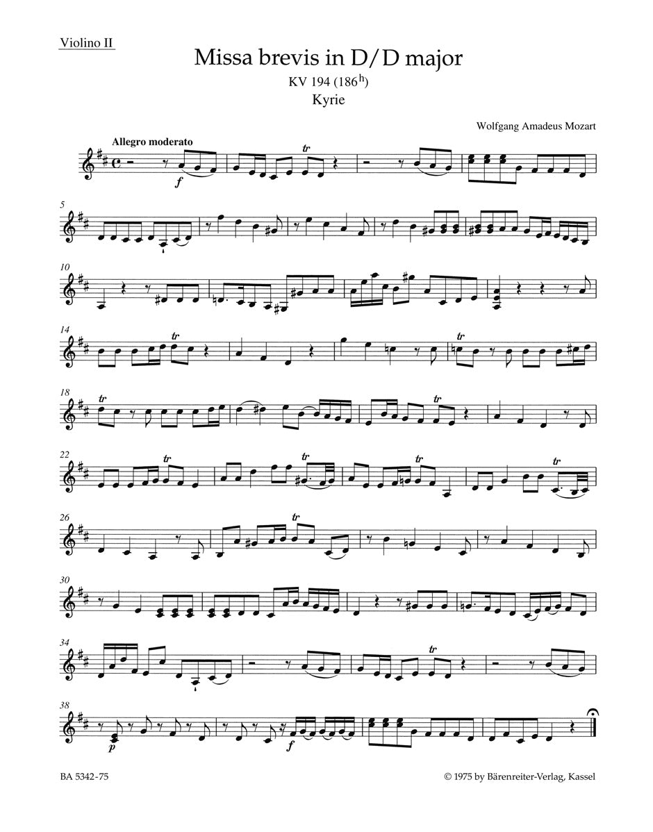Mozart, Missa brevis KV 194 Violin II (Barenreiter)