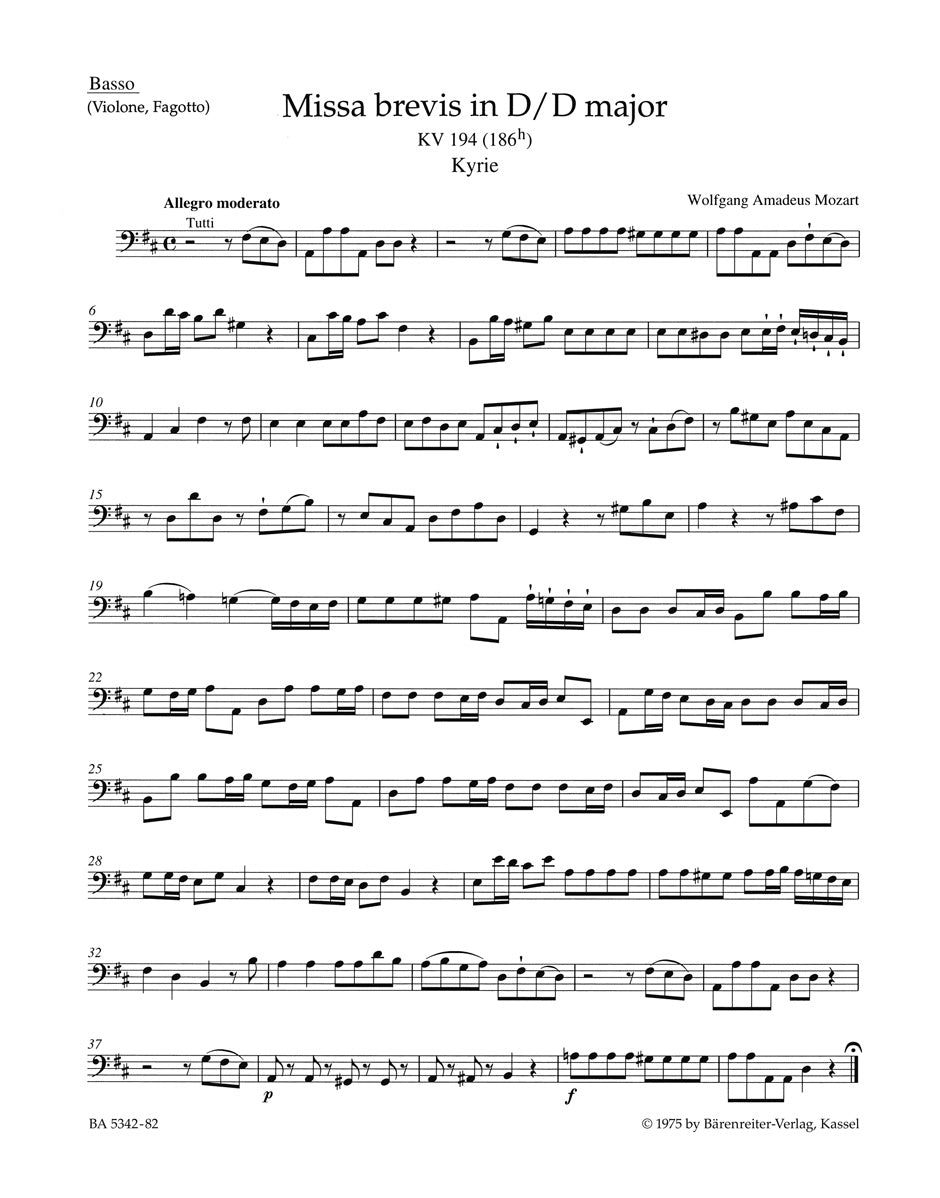 Mozart, Missa brevis KV 194 Vc/CB (Barenreiter)