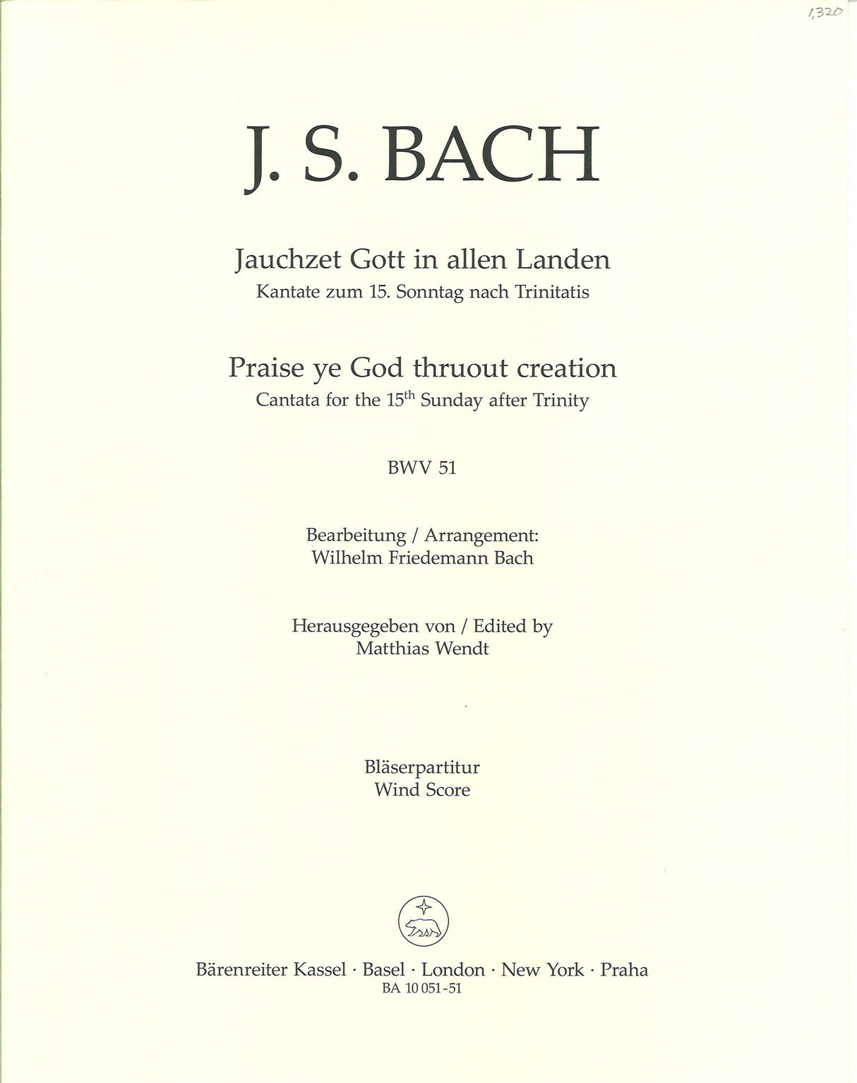 Bach, Kantate BWV 51 Wind Score (Barenreiter)