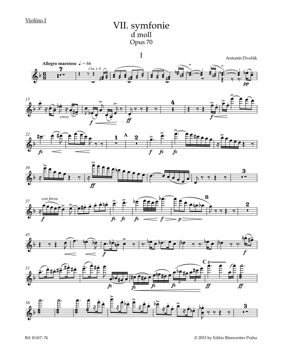 Dvorak, Symphony No. 7 Violin I (Barenreiter)
