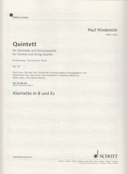 Hindemith, Quintet op. 30 ver. 1 Parts (Schott)