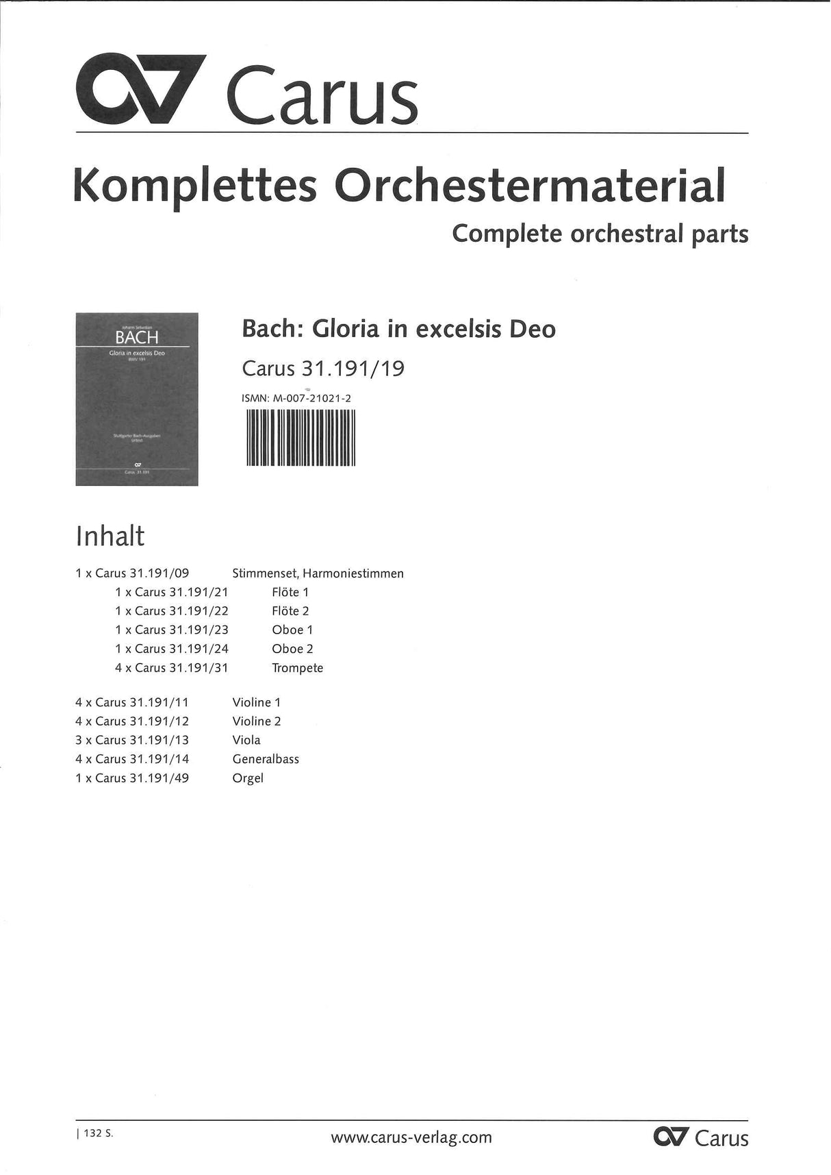 Bach, Kantate BWV 191 Set of Parts (Carus)