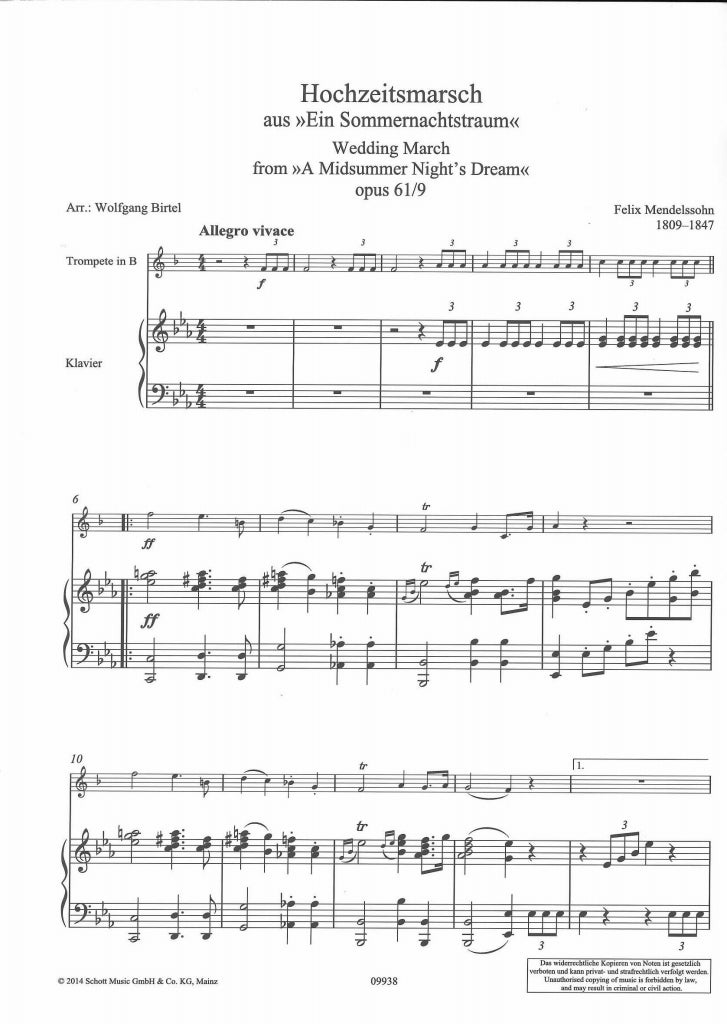 Mendelssohn, Hochzeitsmarsch (Trp,Pf) (Schott)
