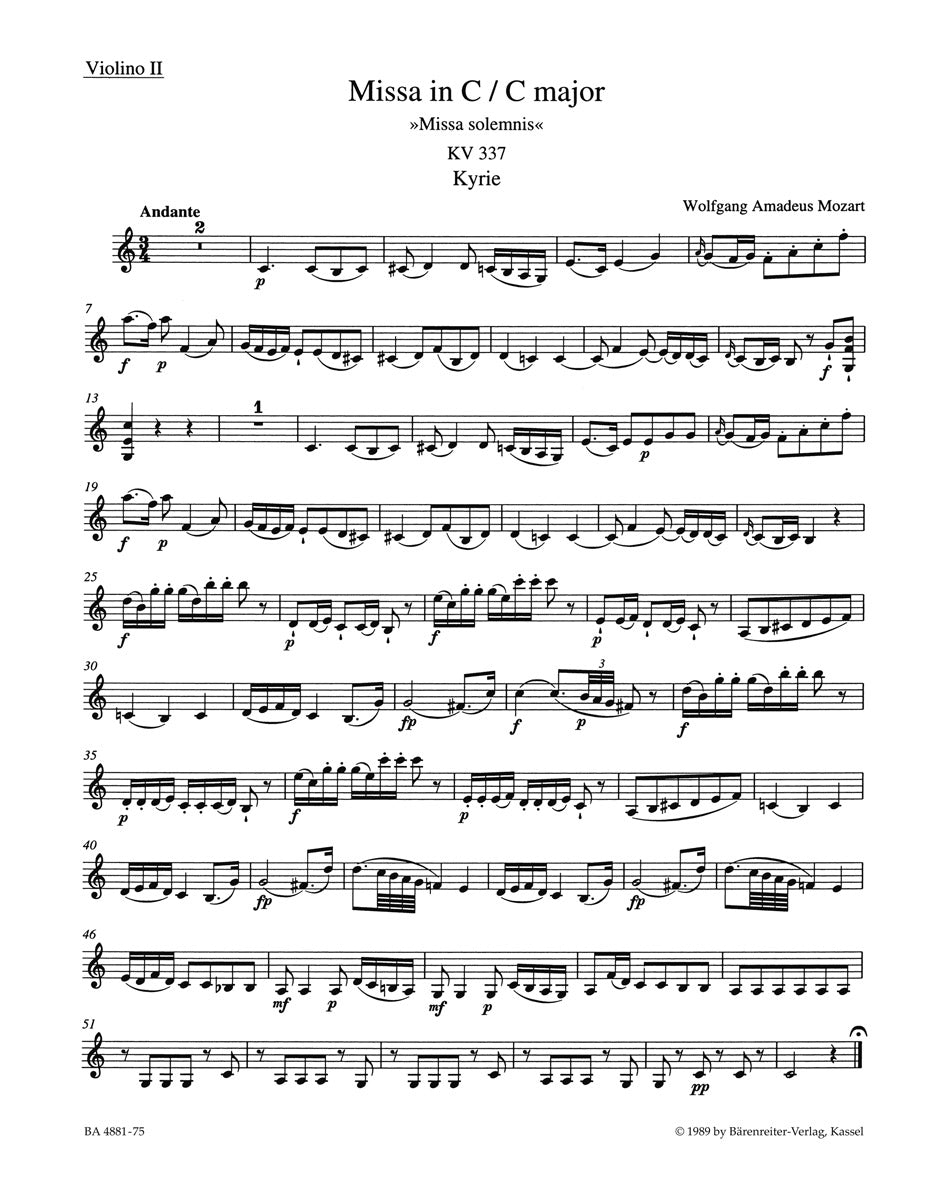 Mozart, Missa KV 337 in C Violin II (Barenreiter)