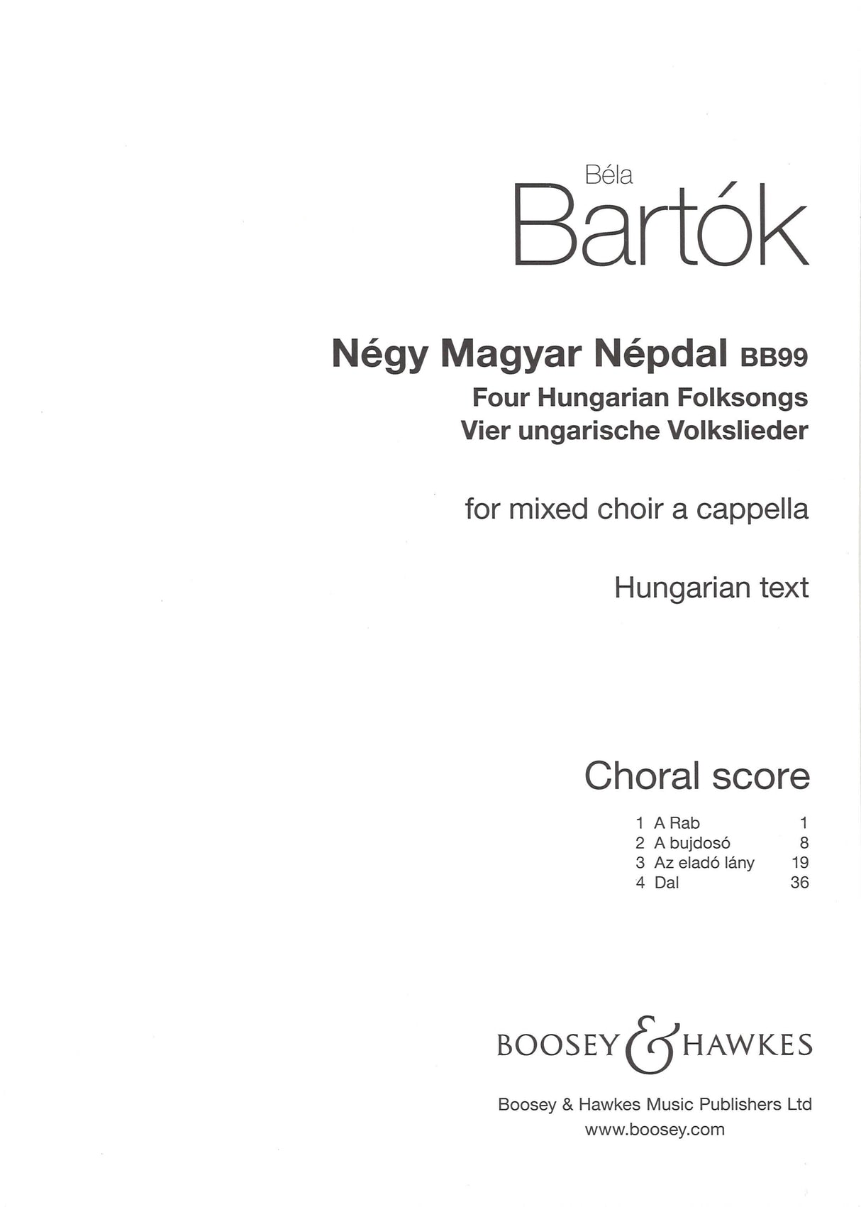 Bartok, 4 Hungarian Folksongs [Hung] (Boosey)