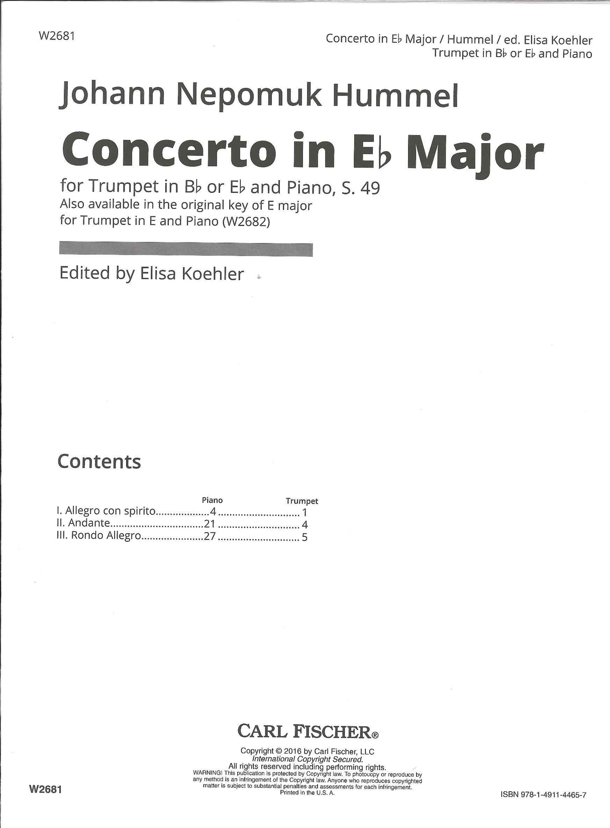 Hummel, Concerto in Eb/, S 49 (Carl Fischer)