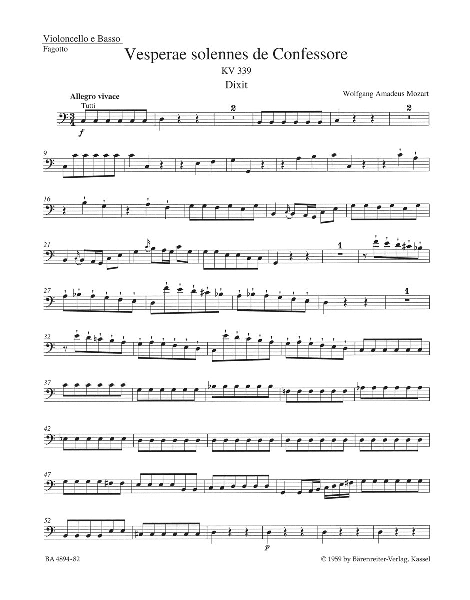 Mozart, Vesperae KV 339 Vc/CB/Bn (Barenreiter)