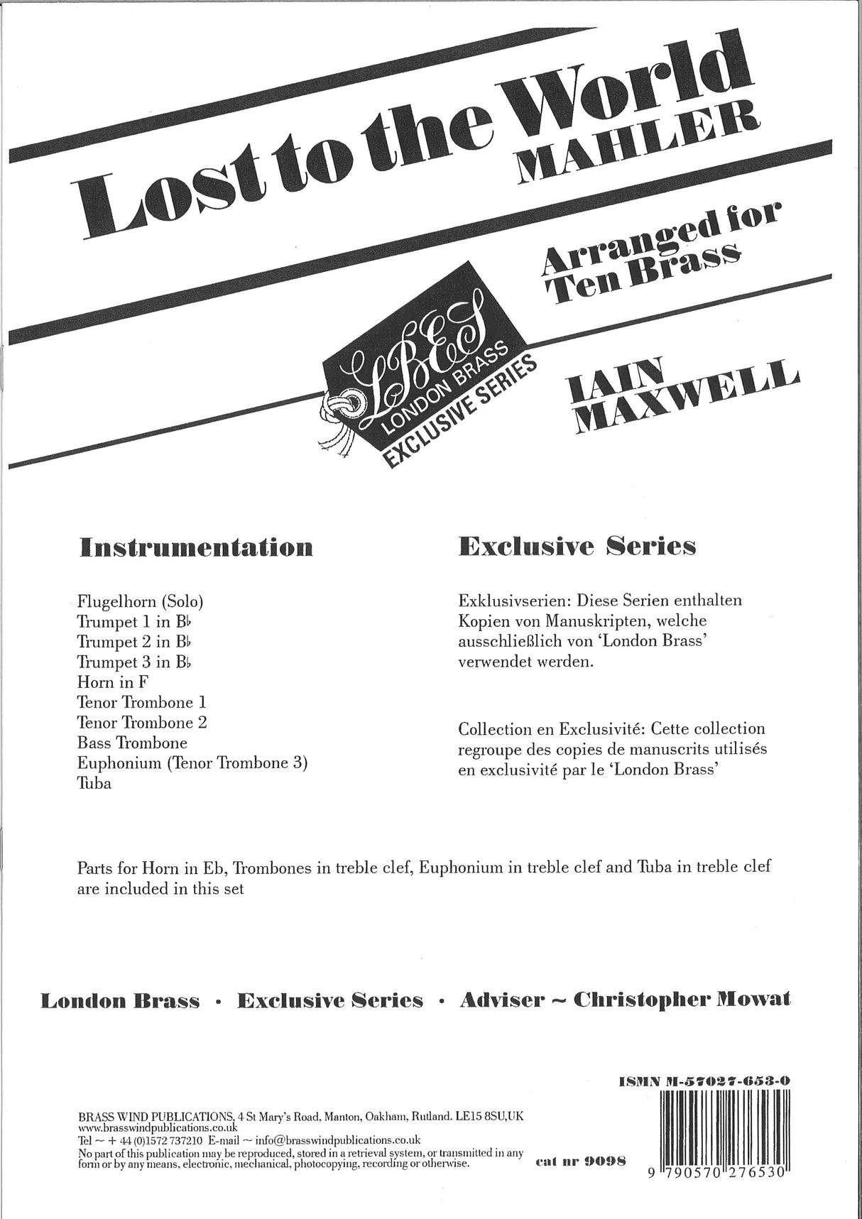 Mahler, Lost to the Wolrd (10-part) (Brass Wind Publications)