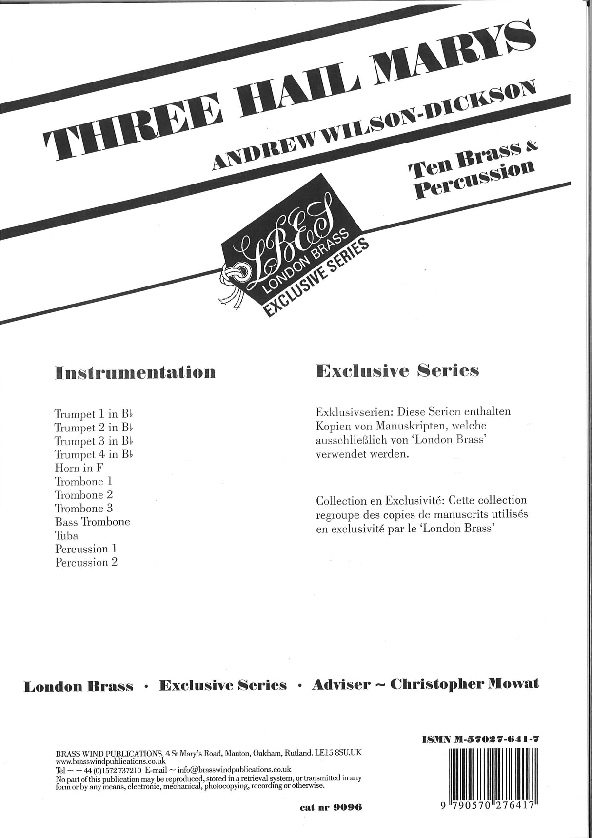 Wilson-Dickson, Three Hail Marys (Brass Wind Publications)