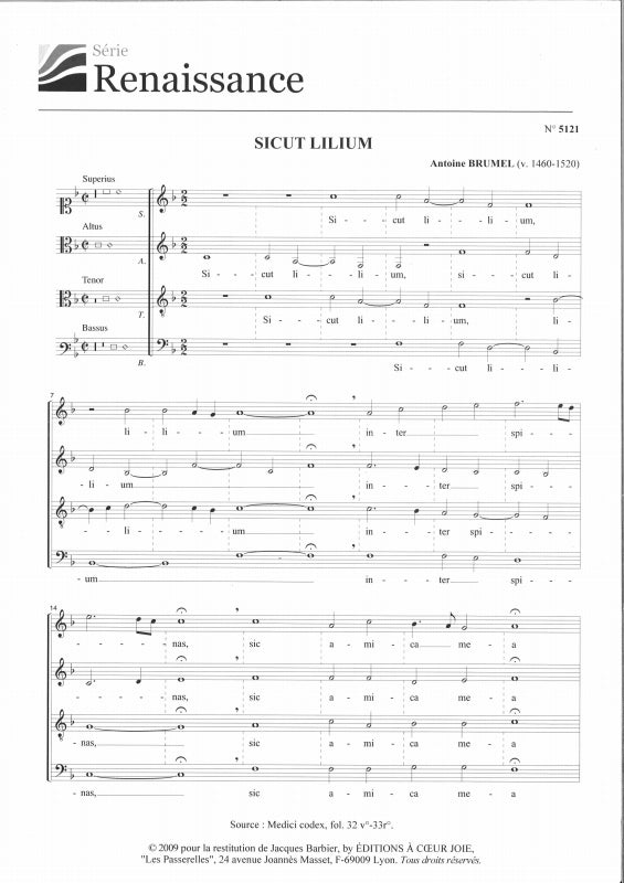 Brumel, Sicut lilium (SATB) [L] (A Coeur Joie)