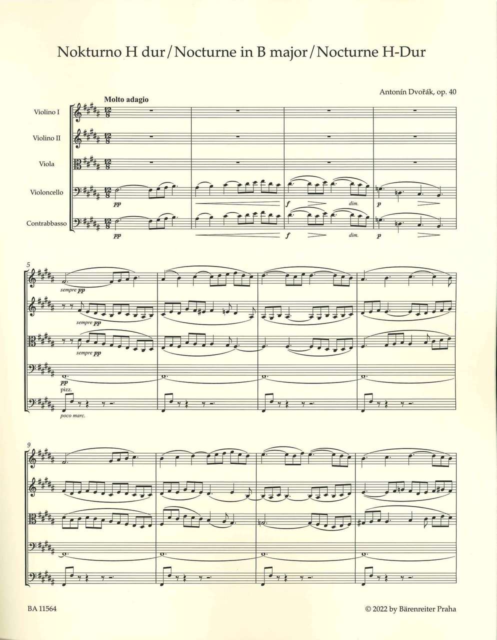 Dvorak, Nocturne op. 40: Score & Parts (Barenreiter)