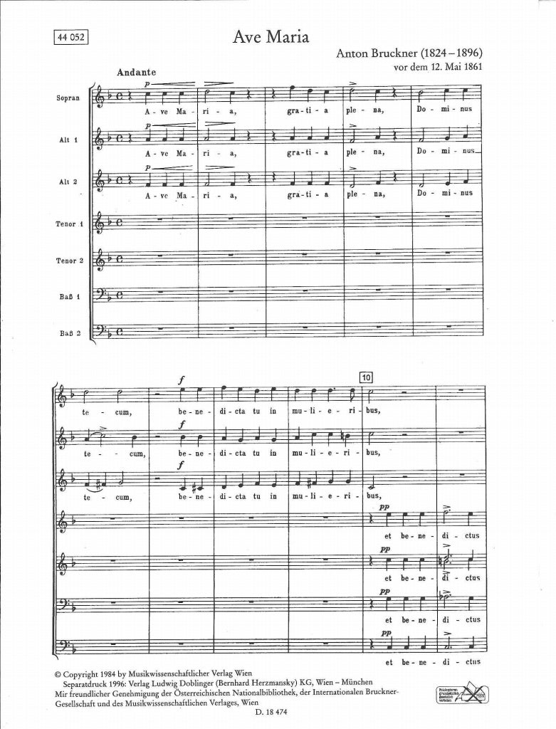 Bruckner, Ave Maria in F (SAATTBB) (Doblinger)