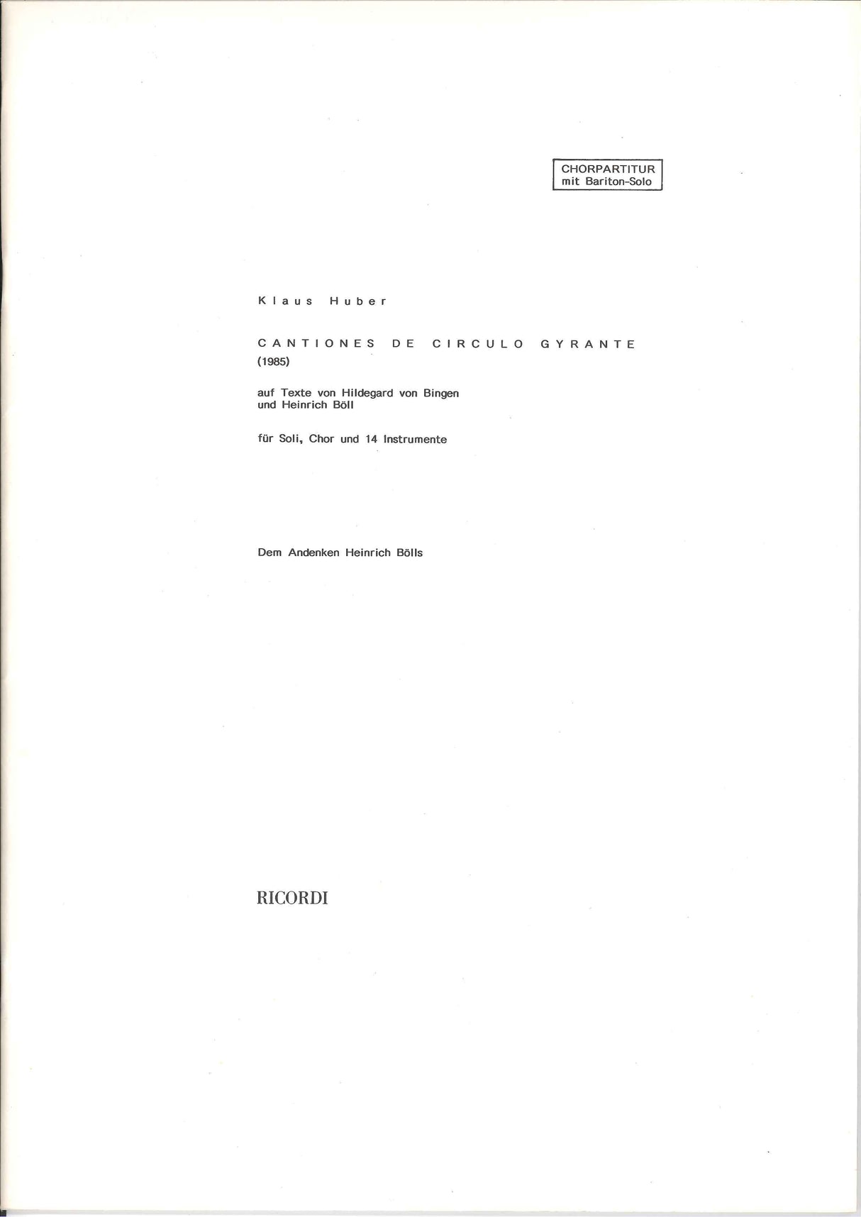 Huber, Cantiones de Circulo Gyrante (Ricordi)