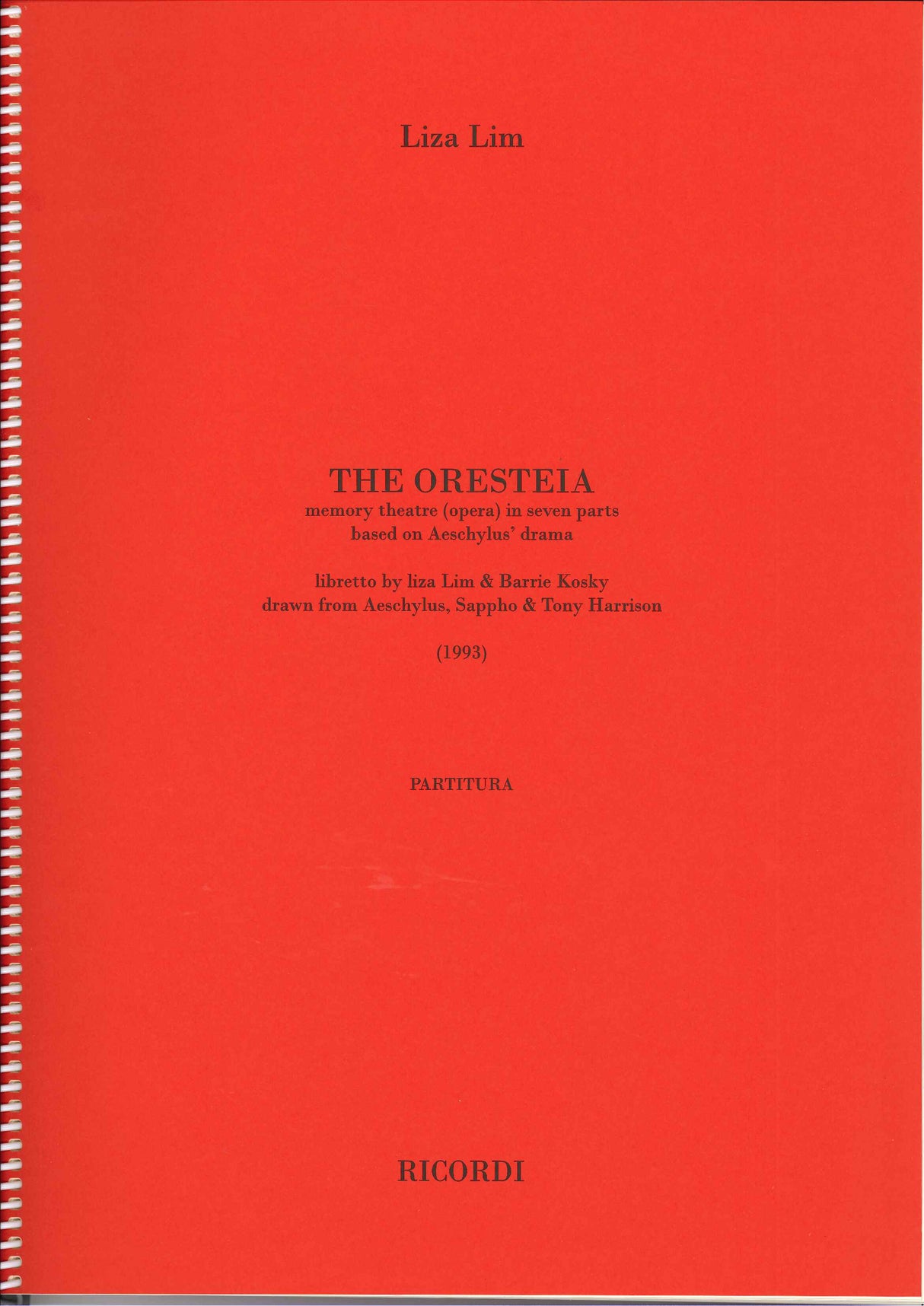 Lim, Oresteia: Memory Theatre (Opera) (Ricordi)