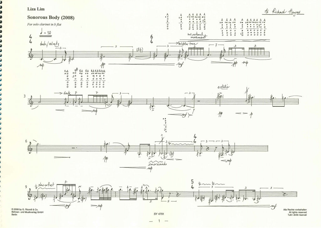 Lim, Sonorous Body (2008) (BbCl Solo) (Ricordi)