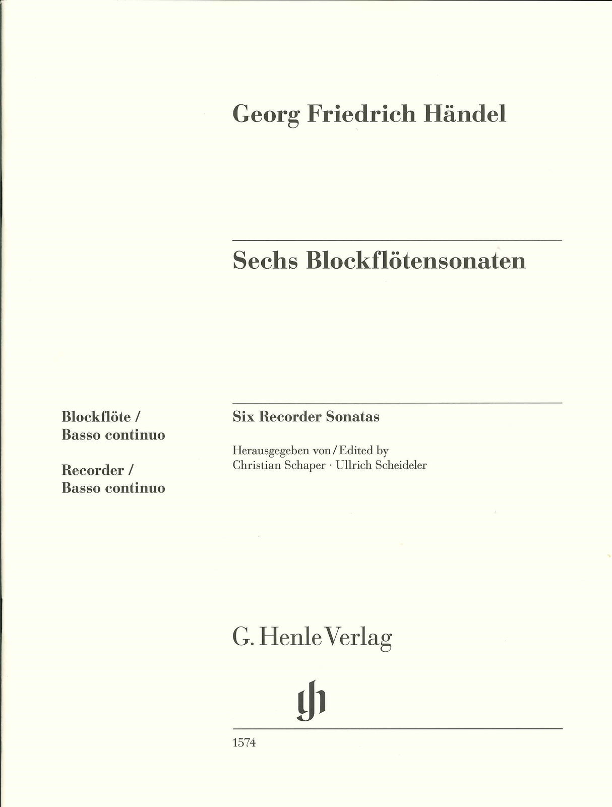 Handel, 6 Sonatas (ARec,Bc) (Henle)