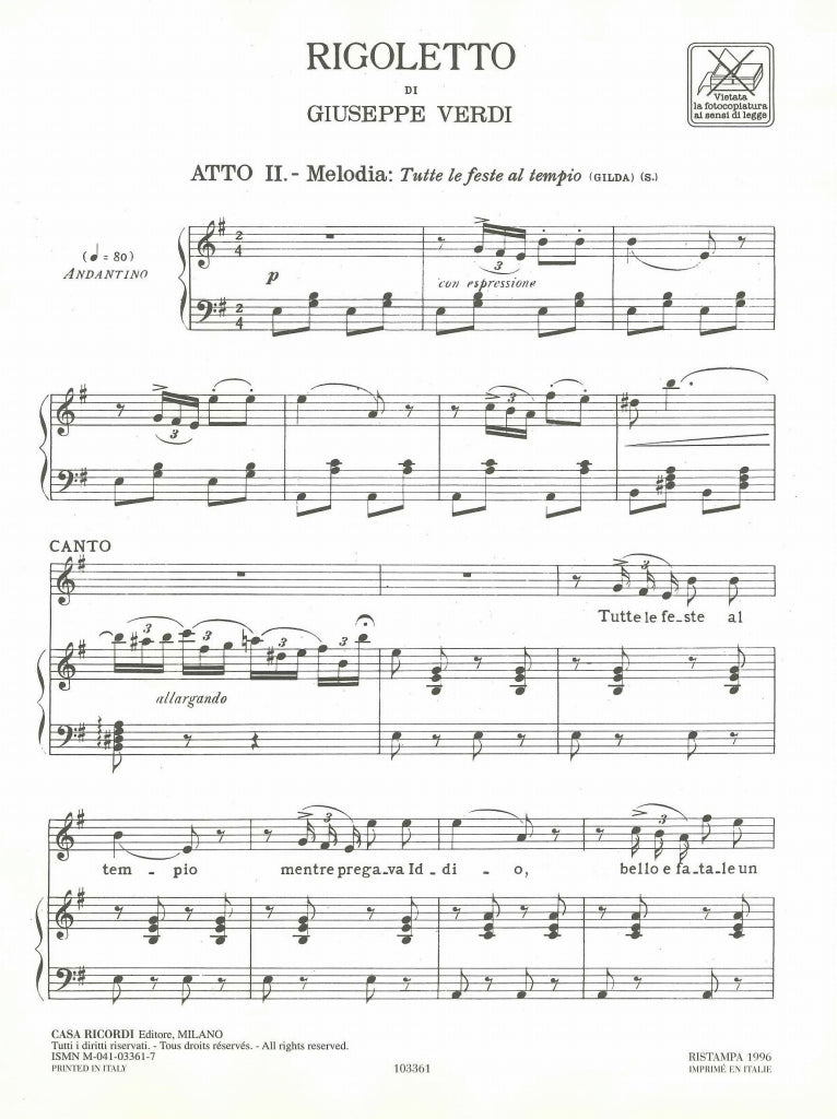 Verdi, Rigoletto, Tutte le feste al temp (Ricordi)