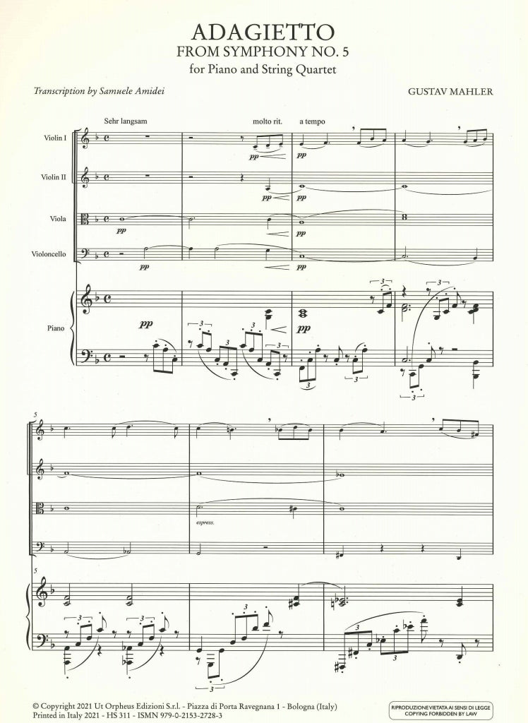 Mahler, Adagietto (2Vn,Va,Vc,Pf) (Ut Orpheus)
