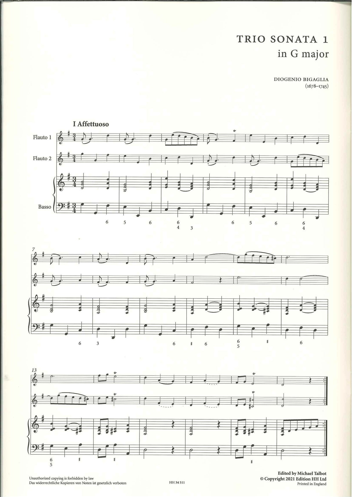 Bigaglia, 3 Trio Sonatas (2Fl,Bc) (Edition HH)