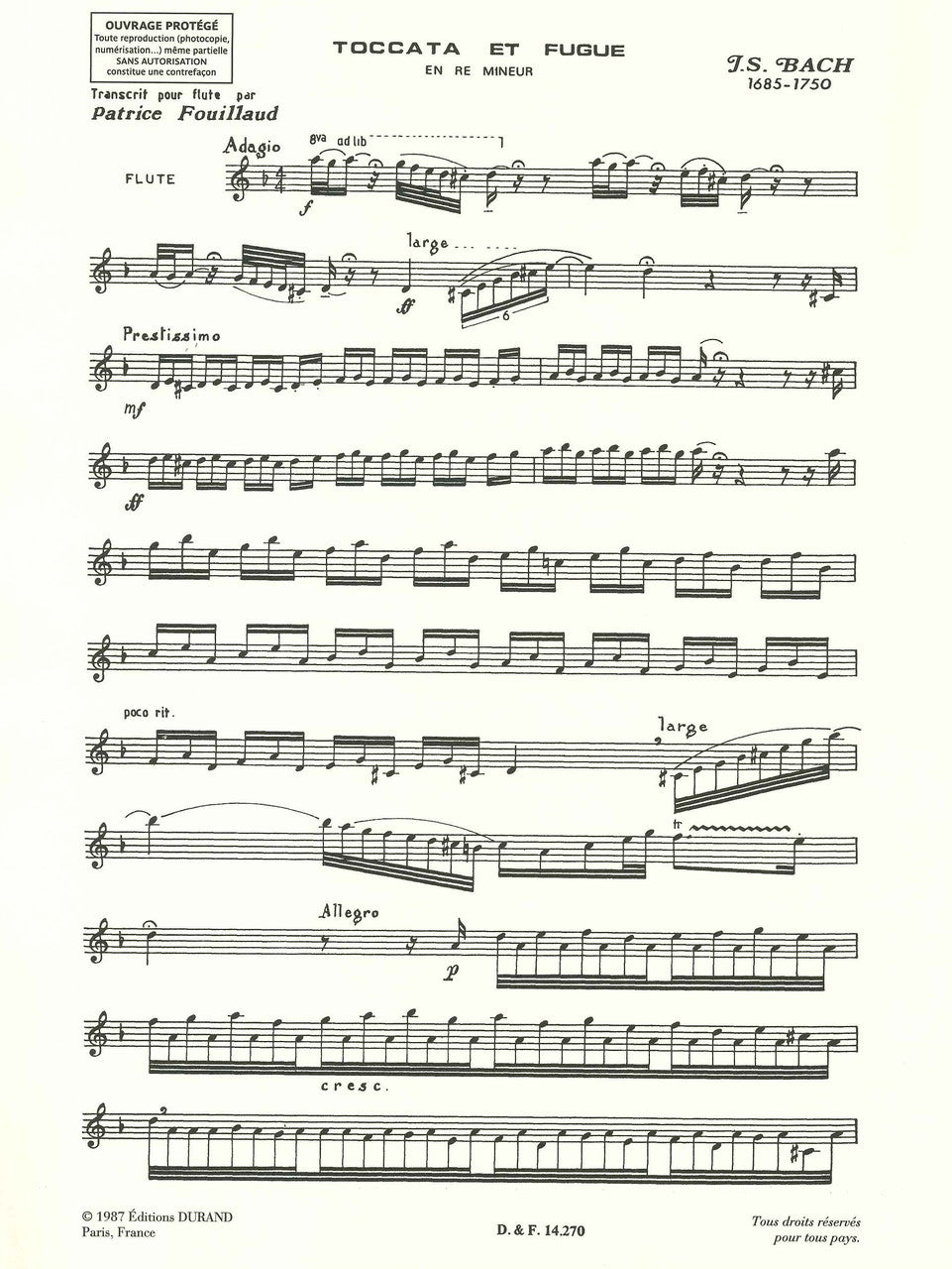 Bach, Toccata et Fugue en re (Fouillaud) (Durand)
