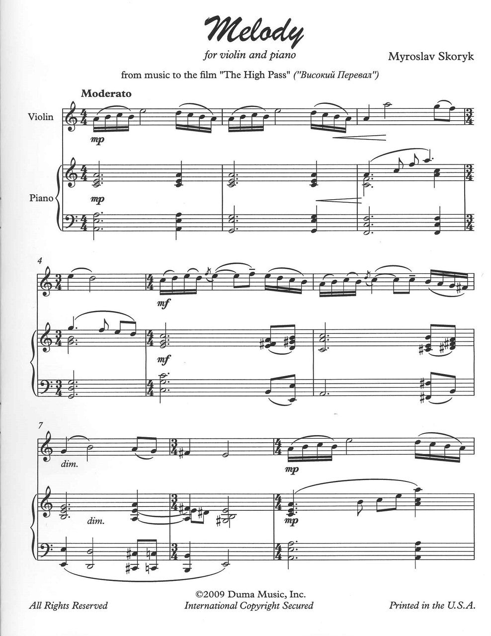 Skoryk, Melody, for Violin and Piano (Duma Music)
