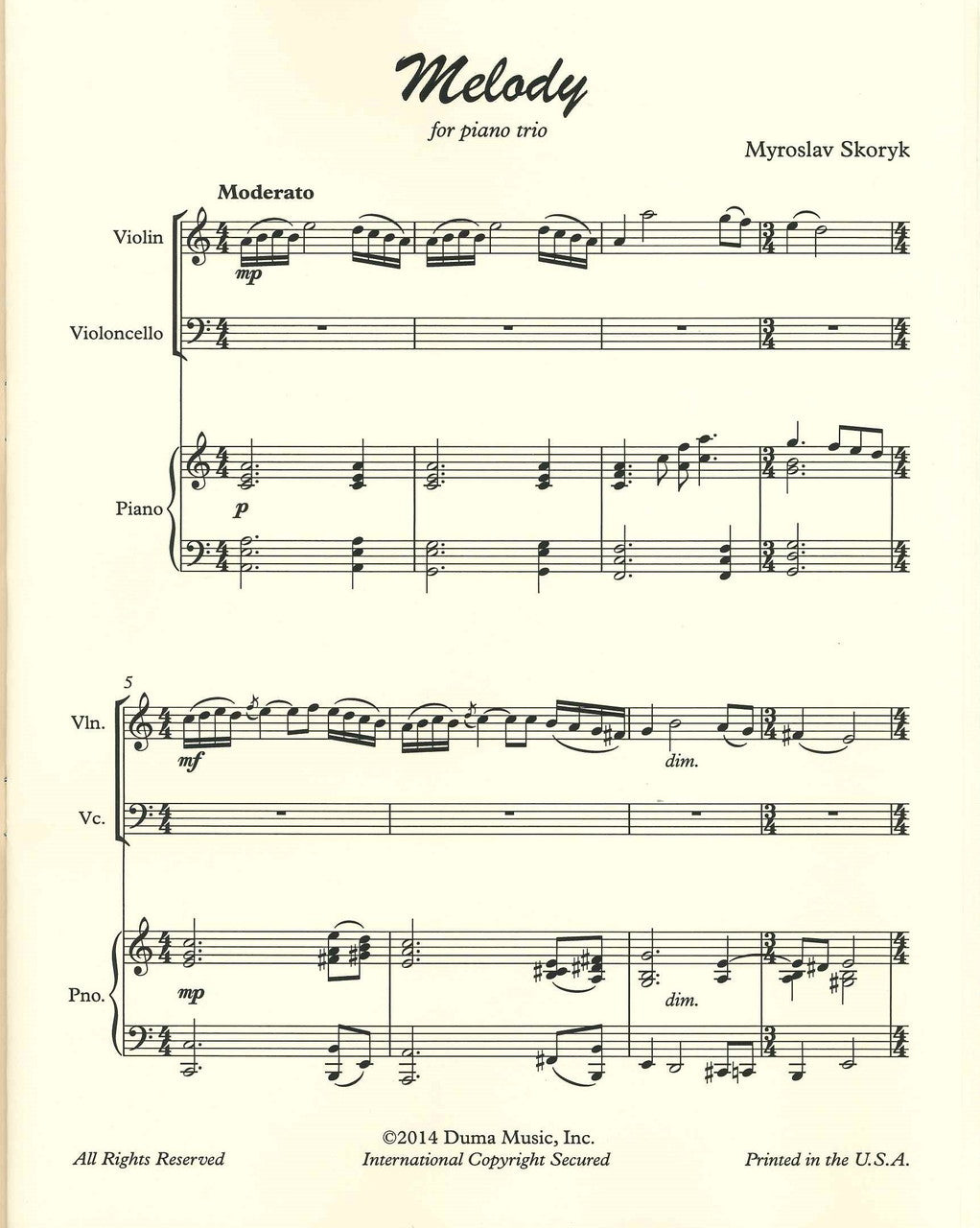 Skoryk, Melody, for Piano Trio (Duma Music)