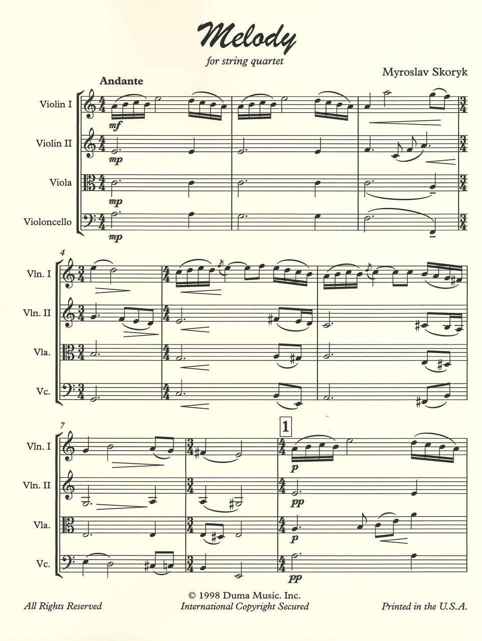 Skoryk, Melody, for String Quartet (Duma Music)