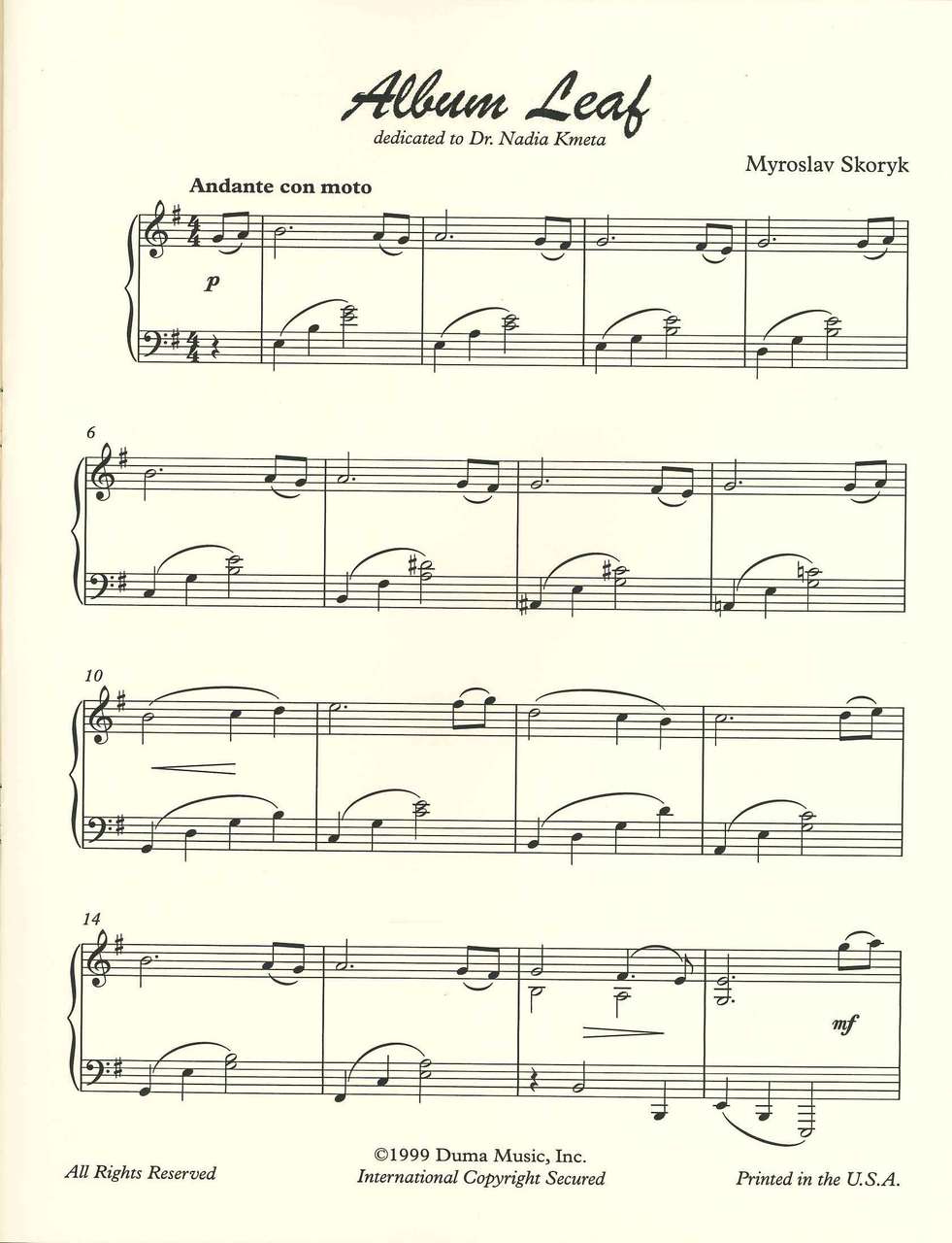 Skoryk, Album Leaf, for Piano Solo (Duma Music)