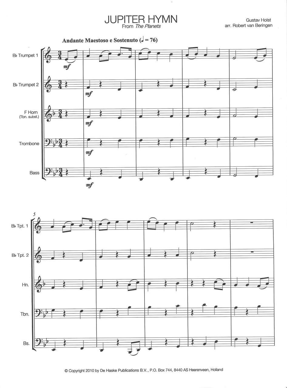 Holst, Jupiter Hymn, for Brass Quintet (De Haske)