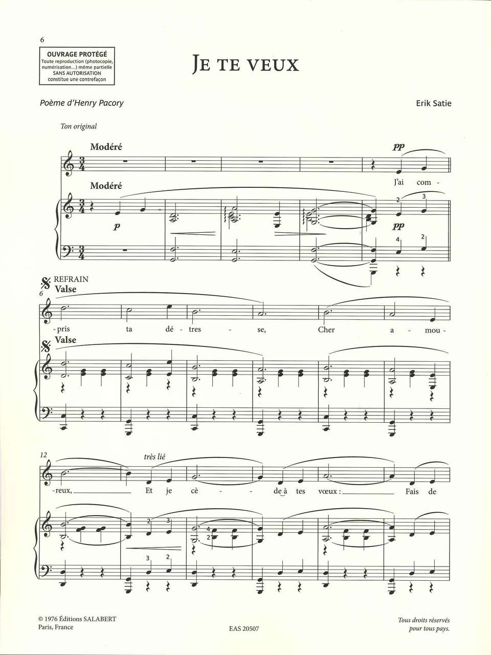 Satie, Je te veux (High=orig.) [F] (Salabert)
