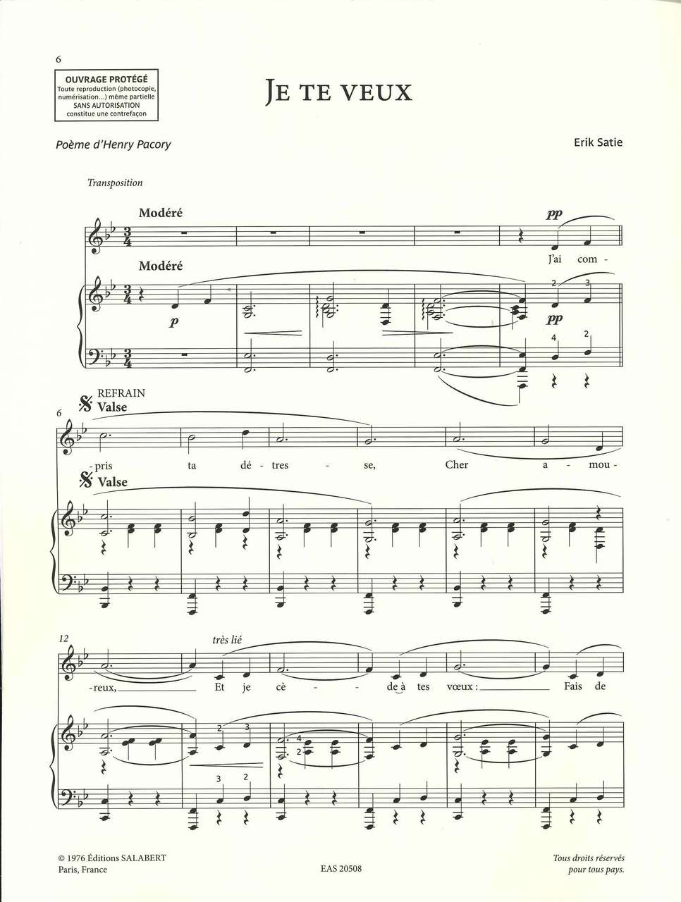 Satie, Je te veux (Med/Low) [F] (Salabert)