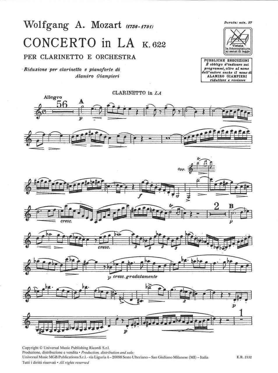 Mozart, Concerto KV 622 in A (Giampieri) (Ricordi)